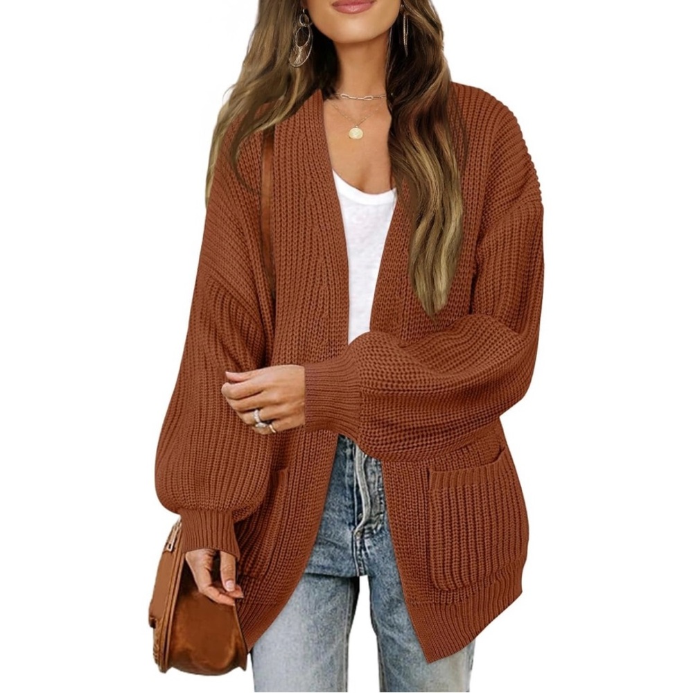 Merokeety Balloon Sleeve Open Cardigan Sweater